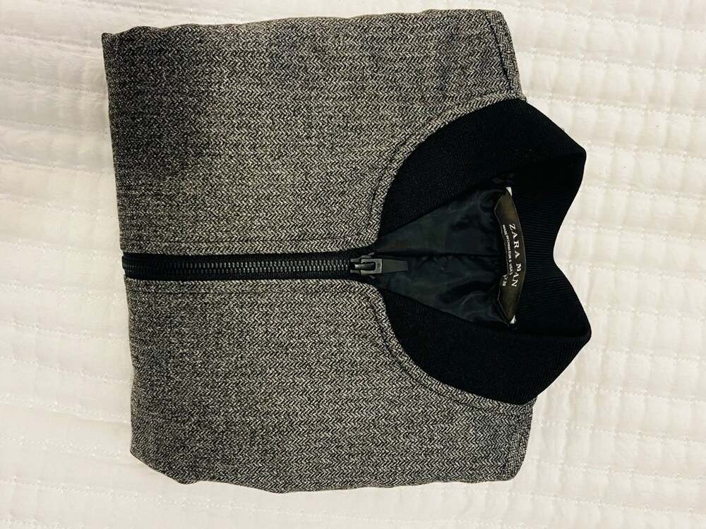 Zara Man Grey Textured Herringbone Bomber Jacket - Small